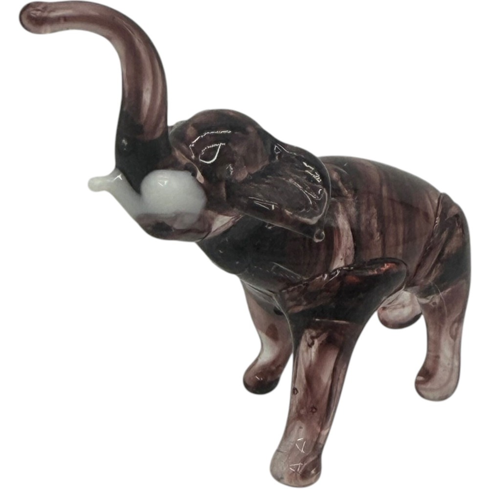 Hand Blown Art Glass Elephant Figurine Brown Swirl Trunk Up Decor Vintage